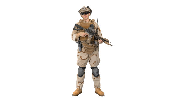 Happy young soldier talking and smiling on white background