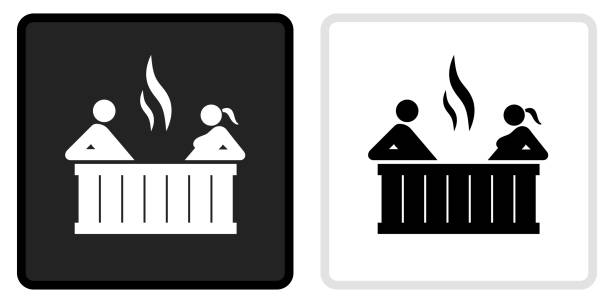 stockillustraties, clipart, cartoons en iconen met paar in jacuzzipictogram op zwarte knoop met witte rollover - hottub