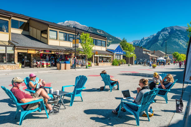 The streets of Canmore in canadian Rocky Mountains. Canmore is located in the Bow Valley near Banff National park and one of the most famous town in Canada