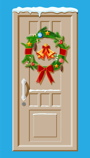 illustrazioni stock, clip art, cartoni animati e icone di tendenza di decorazione della porta di natale isolata - christmas lights wreath christmas blue