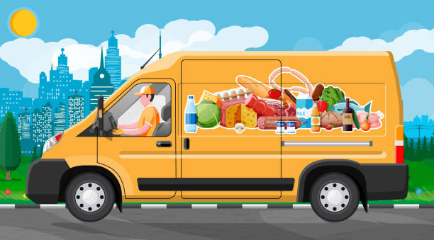 illustrazioni stock, clip art, cartoni animati e icone di tendenza di van auto piena di prodotti alimentari. - truck transportation fish industry