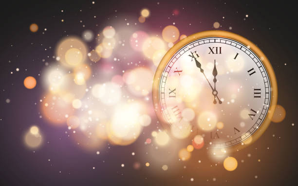 istock New Year poster with old circle clock and bright bokeh effect. Festive magic luminous background. Holiday design for Christmas. Vector illustration 1277958339