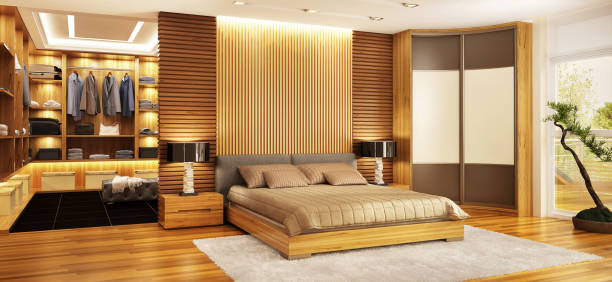 luxuriöses modernes schlafzimmer mit ankleideraum - bedroom stage stock-fotos und bilder