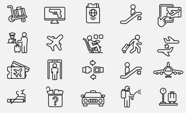 illustrations, cliparts, dessins animés et icônes de airport editable stroke icons stock illustration usa, icon, airport, travel, airplane - passager