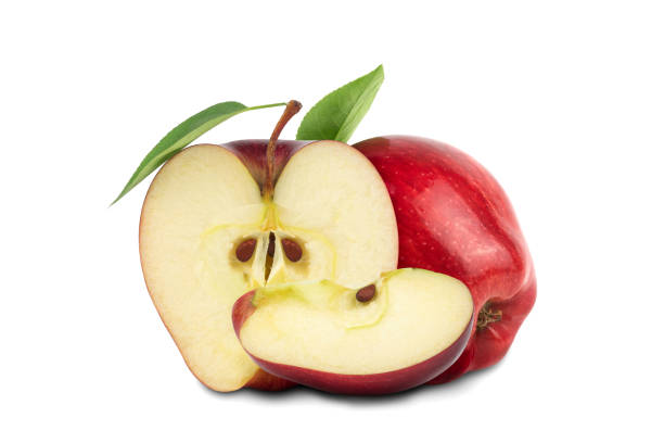 istock Ripe red apple fruit with apple half and green apple leaf isolated on white background. 1277962881