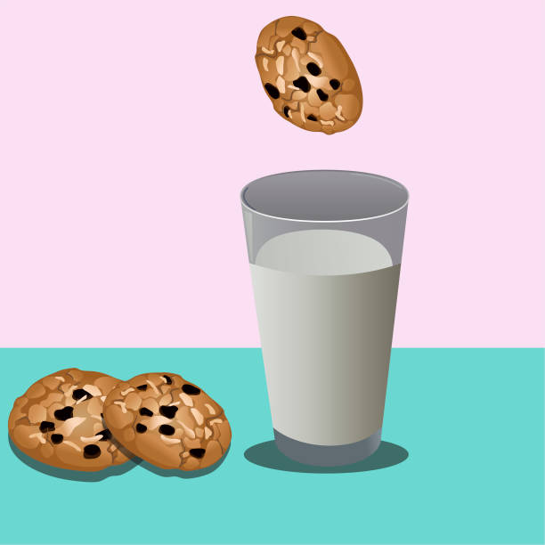 A glass of milk with falling chocolate chip cookies. vector art illustration