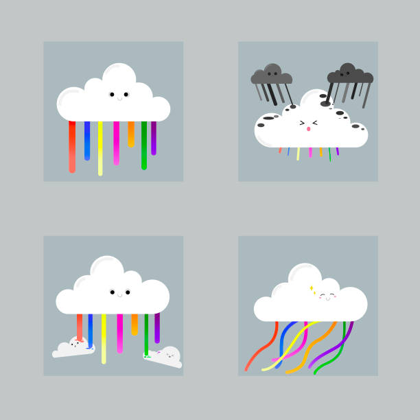Rainbow cloud with emotions. vector art illustration