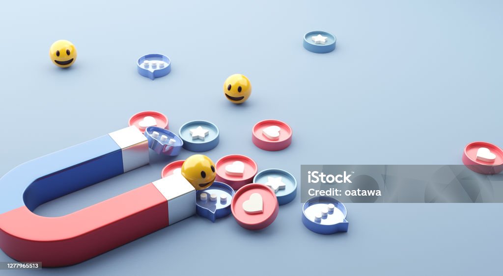 Social media marketing concept. Attracting (emoji, like, love, star, comment icon) with a huge magnet. Social media marketing concept. Attracting (emoji, like, love, star, comment icon) with a huge magnet, 3d render. copy space. Marketing Stock Photo