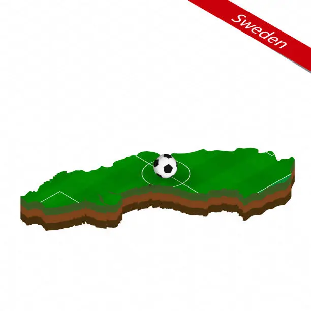 Vector illustration of Isometric map of Sweden with soccer field. Football ball in center of football pitch.