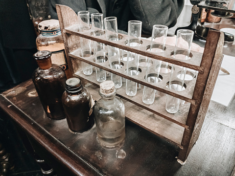 Test tubes and old medicine bottles. Traditional medicine