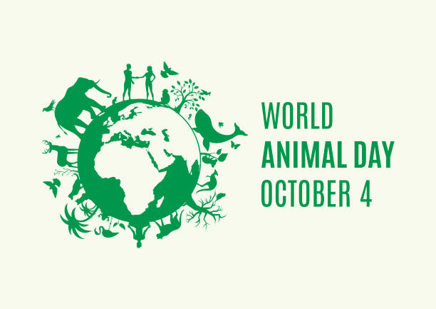 stockillustraties, clipart, cartoons en iconen met world animal day poster met groene planeet aarde met dieren en planten icoon vector - dierendag