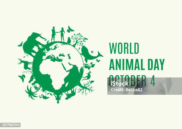 Всемирный День Животных Плакат С Зеленой Планеты Земля С Животными И Растениями Значок Вектор — стоковая векторная графика и другие изображения на тему Животное