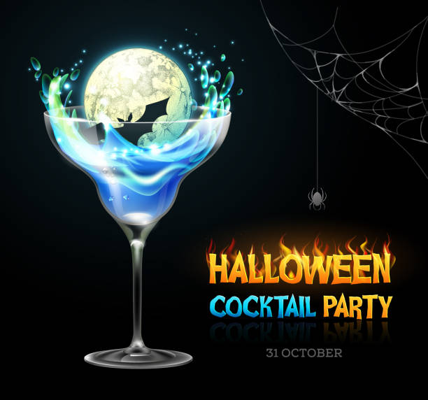 ilustrações, clipart, desenhos animados e ícones de veneno de halloween com lua cheia. pôster de festa de halloween. vidro de coquetel realista isolado em fundo transparente - zombie cocktail