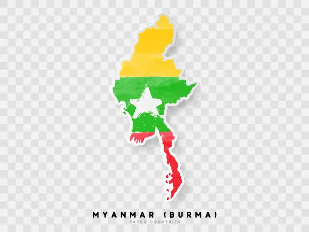 Vector illustration of Myanmar (Burma) detailed map with flag of country. Painted in watercolor paint colors in the national flag