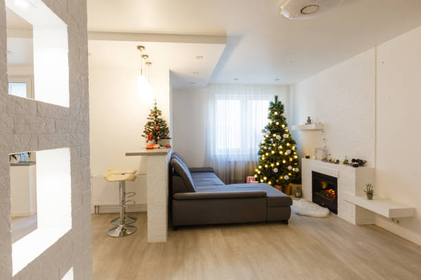istock Christmas interior panorama, Christmas tree in the apartment 1277970350