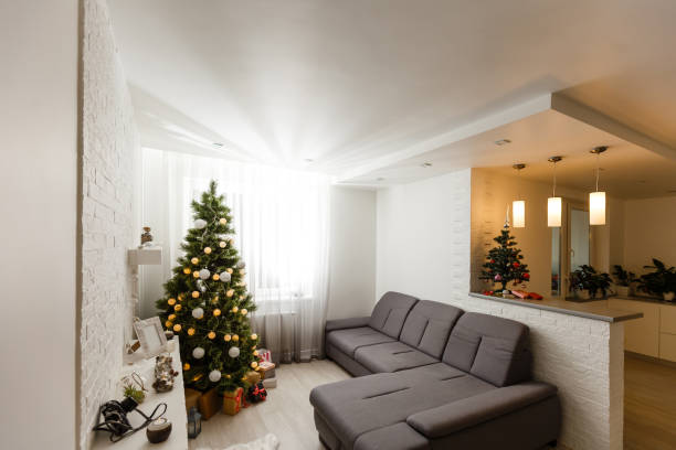 istock Christmas interior panorama, Christmas tree in the apartment 1277970434