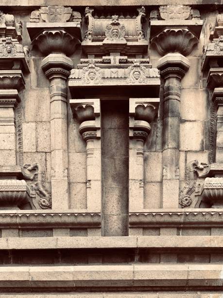 Stone wall decorations done in the outer walls of Kapaleeshwarar temple, Tamil nadu Beautiful exterior view of stone decorations done in the outer walls of ancient temple in Tamil nadu kapaleeswarar temple photos stock pictures, royalty-free photos & images