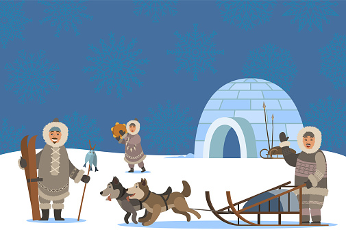 Settlement of arctic people. Characters living in cold climate. Igloo house made of ice cubes. Man traveling using sledges and husky dogs. Male with spire and hunted fish on stick, vector in flat