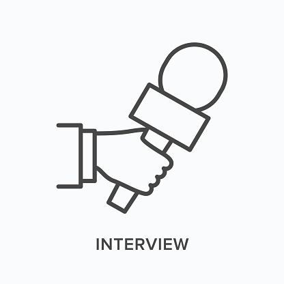 Hand holding microphone flat line icon. Vector outline illustration of journalist taking interview. Press conference thin linear pictogram.