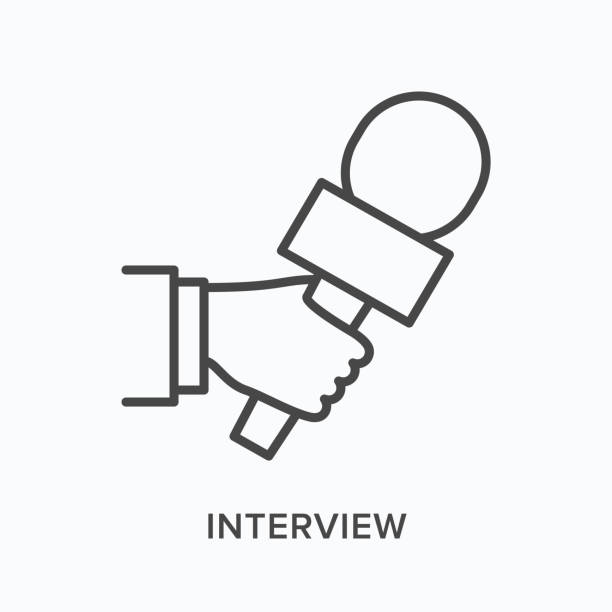 Hand holding microphone flat line icon. Vector outline illustration of journalist taking interview. Press conference thin linear pictogram Hand holding microphone flat line icon. Vector outline illustration of journalist taking interview. Press conference thin linear pictogram. interview event icons stock illustrations