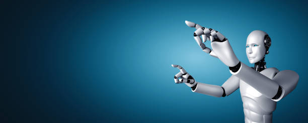 istock AI humanoid robot touching finger at copy space 1277975873