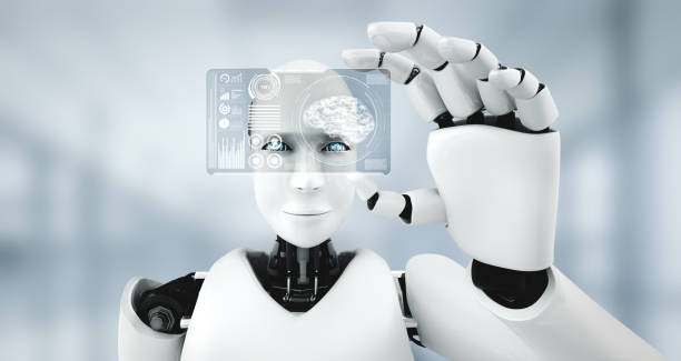 istock Robot humanoid hold HUD hologram screen in concept of AI thinking brain 1277976466