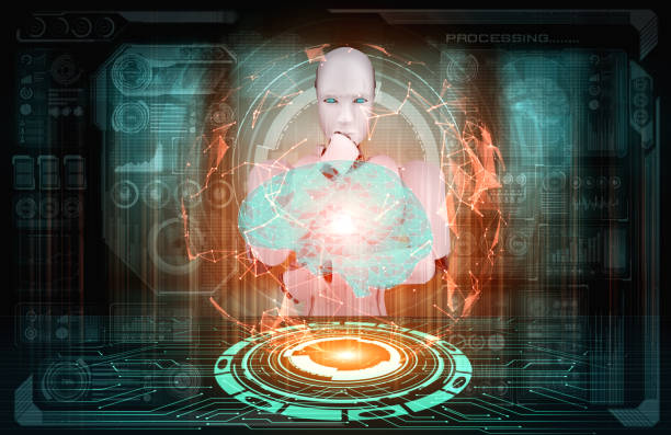 istock Thinking AI humanoid robot analyzing hologram screen showing concept of AI 1277976571