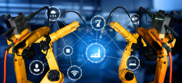 istock Smart industry robot arms for digital factory production technology 1277976612