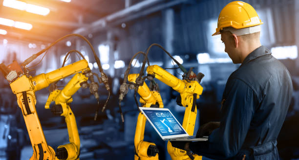 istock Smart industry robot arms for digital factory production technology 1277976637