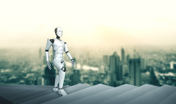 istock 3D rendering robot humanoid walk up stair to success 1277976669