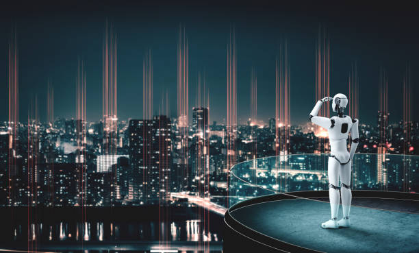 3D illustration robot humanoid looking forward against cityscape skyline