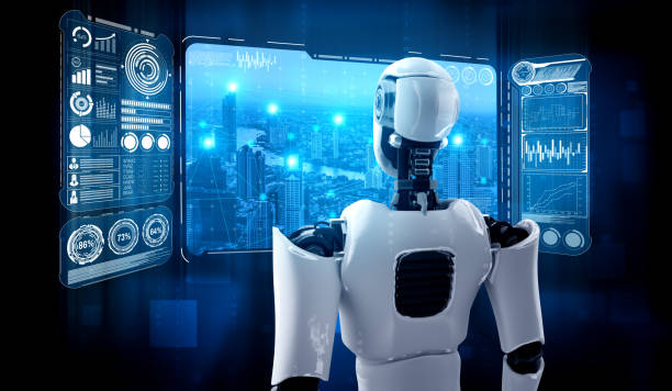 Humanoid AI robot looking at hologram screen showing concept of big data