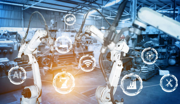istock Smart industry robot arms for digital factory production technology 1277976709
