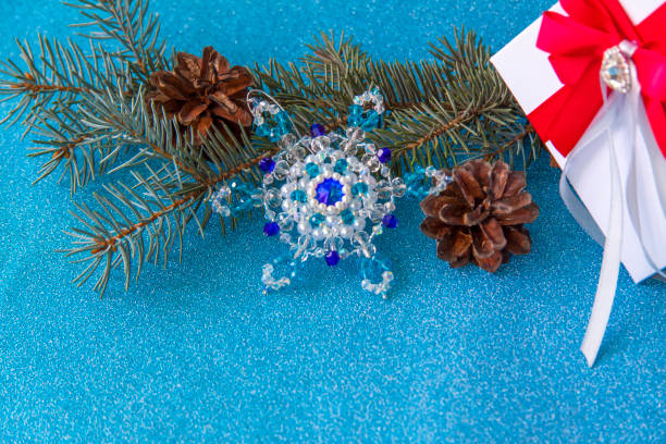istock Layout of Christmas elements on a blue shiny background. 1277977152