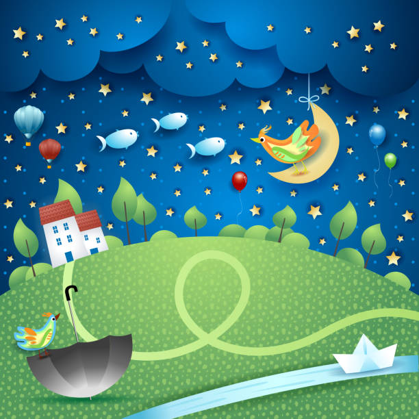 istock Fantasy landscape at night with river, umbrella and flying fishes 1277980580