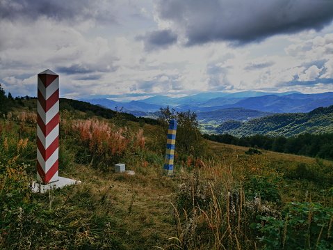 Bieszczady Poland. State border between Poland and Ukraine. Border posts. A view of the Ukrainian Bieszczady Mountains.