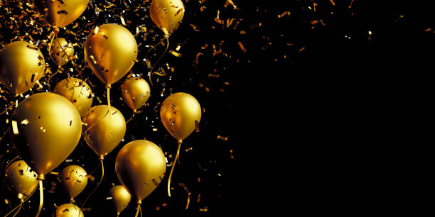 istock Gold balloon and foil confetti on black background with copy space 3d render 1277982653