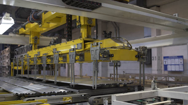 istock Modern robotic Aluminium extrusion production line factory warehouse. Plastic windows manufacture. 1277982753