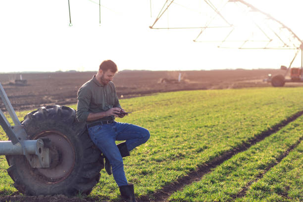 istock Young farmer standing in wheat field and setup irrigation system on tablet. 1277983118