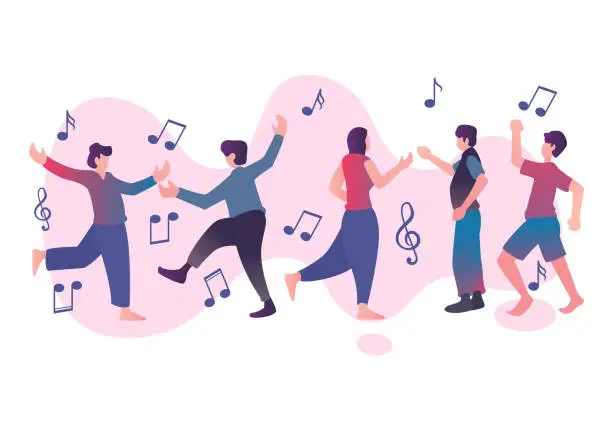 Vector illustration of Flat element of dancing people with music note. Flat element of man and woman being dance. Flat element of people isolated on white background.