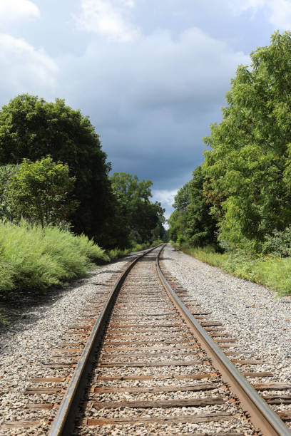 istock Railroad tracks heading towards a dark stormy sky 1277988276