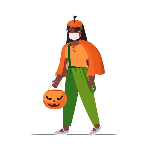 Vector illustration of girl in mask wearing pumpkin costume halloween party celebration coronavirus quarantine concept