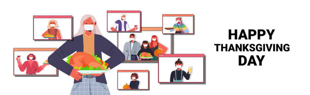 grandmother discussing with family during video call people celebrating happy thanksgiving day online communication grandmother discussing with family during video call people celebrating happy thanksgiving day online communication self isolation concept horizontal portrait copy space vector illustration thanksgiving holiday covid stock illustrations