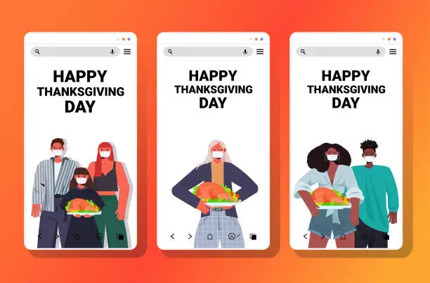 Vector illustration of set people in masks celebrating happy thanksgiving day mix race men women holding roasted turkey coronavirus