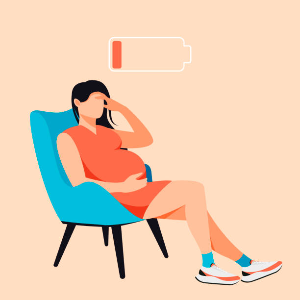 Tired pregnant woman sitting in chair flat cartoon illustration. Health pregnancy, hormones, depression, suffering, waiting for baby tiredness during pregnancy stock illustrations
