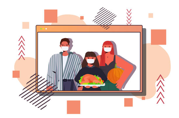 family in masks celebrating happy thanksgiving day parents and daughter standing together coronavirus quarantine family in masks celebrating happy thanksgiving day parents and daughter standing together coronavirus quarantine concept web browser window portrait horizontal vector illustration thanksgiving holiday covid stock illustrations