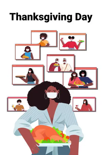 Vector illustration of woman in mask discussing with family during video call people celebrating happy thanksgiving day