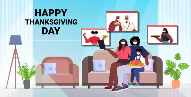 parents and child discussing with grandparents during video call family celebrating happy thanksgiving day parents and child discussing with grandparents during video call family celebrating happy thanksgiving day online communication self isolation concept horizontal copy space full length vector illustration thanksgiving holiday covid stock illustrations