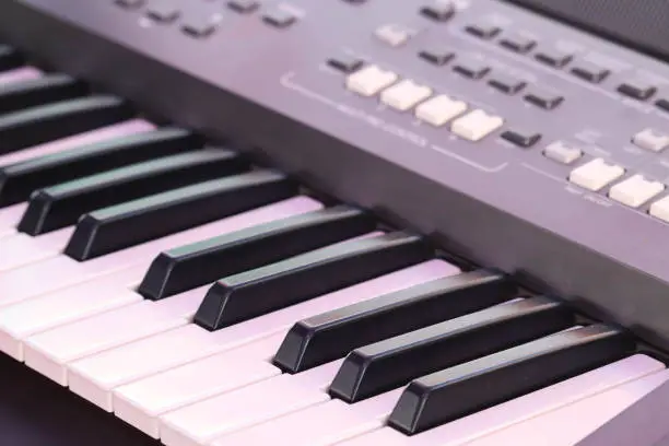 Selective Focus On Octave Keys Of Professional Electronic Musical Instrument Casio Or Keyboard Synthsizer