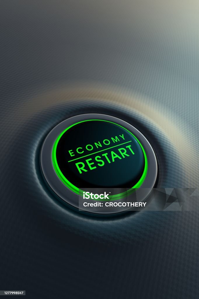 Rebooting the global economy after the coronavirus crisis Green glowing restart button on metallic background. 3D rendering Resetting Stock Photo